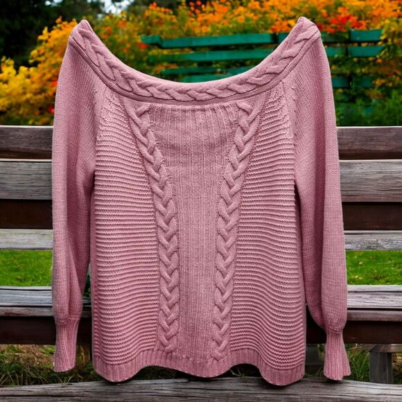 Lane Bryant Cable Knit Sweater Womens 14-16 Pink On Off Shoulder Pullover Casual - Picture 1 of 9
